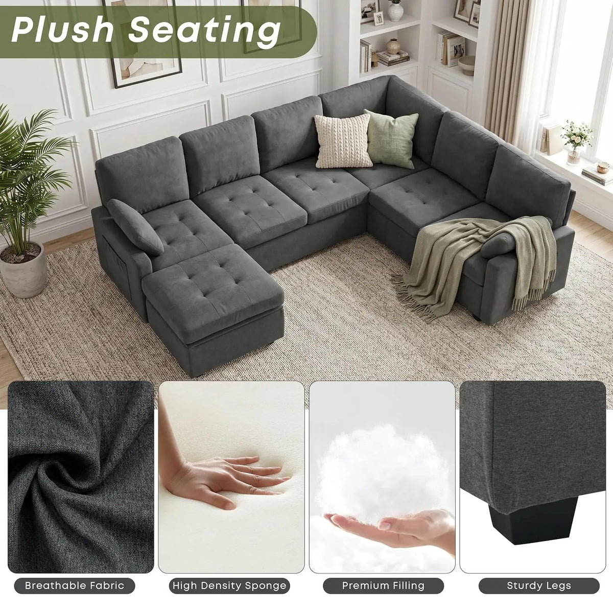 105" U-Shape Sleeper Sofa with Storage, Large 7-Seat Modular Sectional with Removable Covers, Pull-Out Couch Bed, Customized