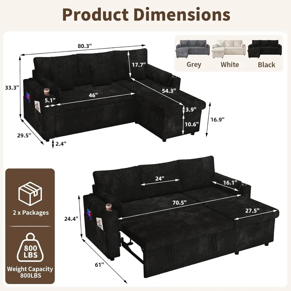 3 in 1 Pull Out Couch, Corduroy L Shaped Couch Sleeper Sofa Bed, Black, Customized