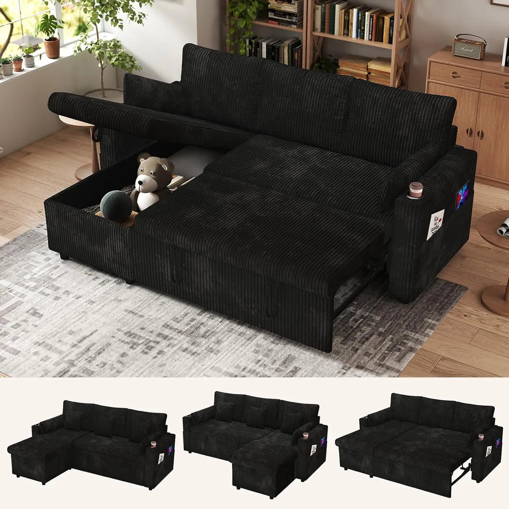 3 in 1 Pull Out Couch, Corduroy L Shaped