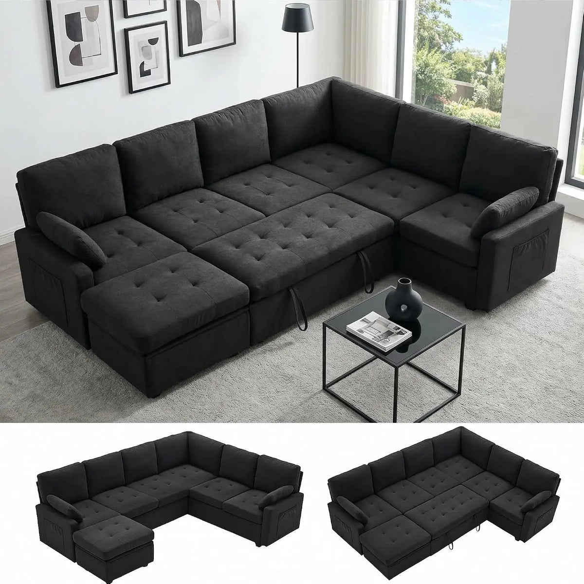 105" U-Shape Sleeper Sofa with Storage, Large 7-Seat Modular Sectional with Removable Covers, Pull-Out Couch Bed, Customized