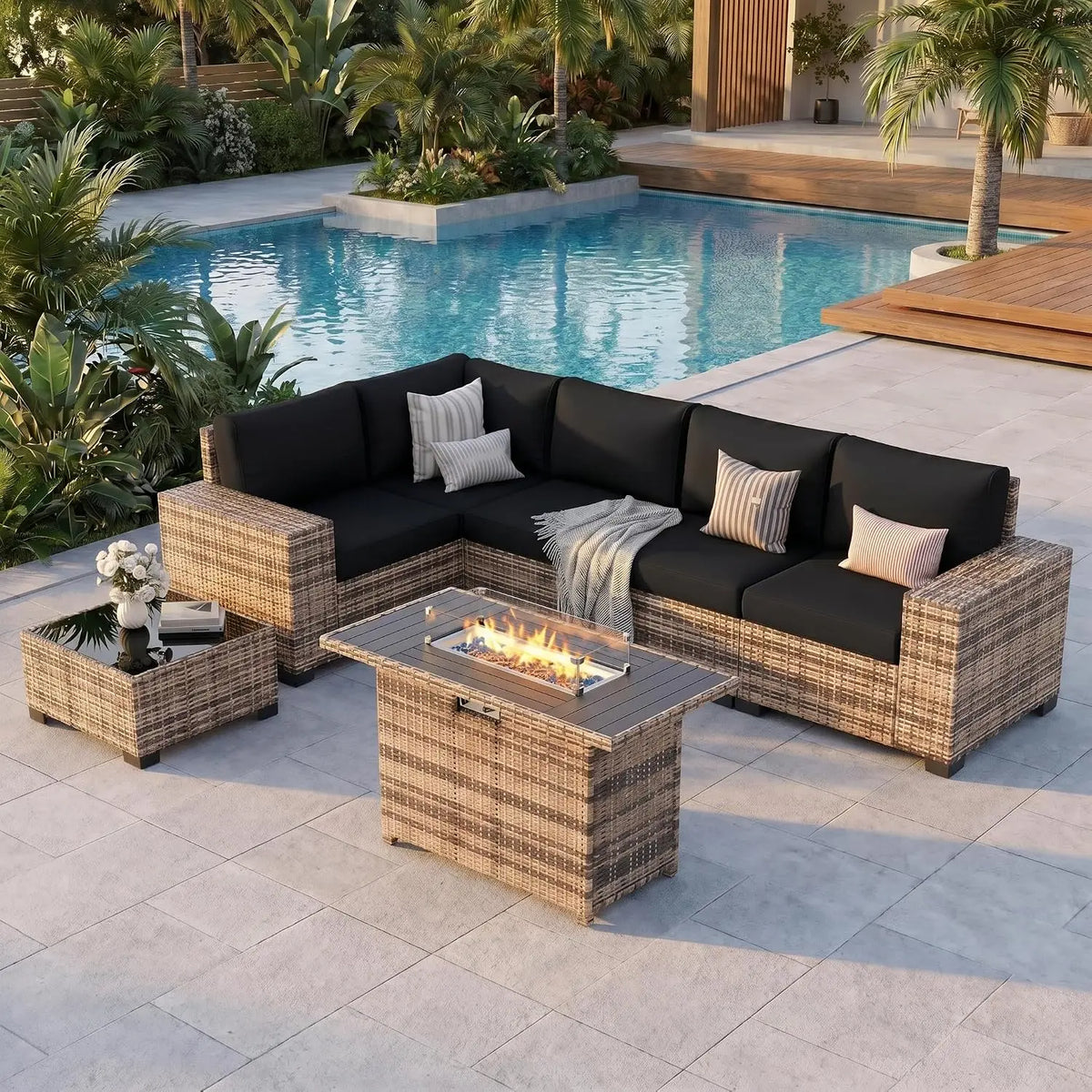 Patio Furniture Set with Fire Pit Table, L-Shaped 8" Armrest Sectional Set, All-Weather PE Rattan Conversation, Customized